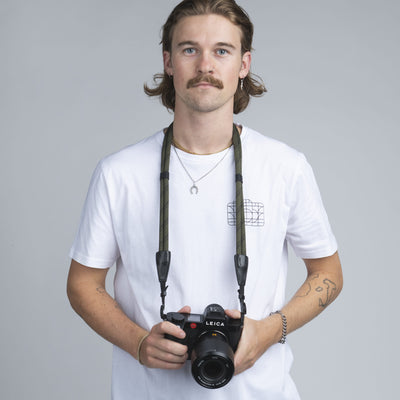Photographer wearing Leica camera around the neck with Double Rope Camera Strap 