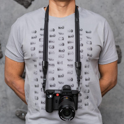Photographer wearing leica camera around the neck with Leica Double Rope Strap 