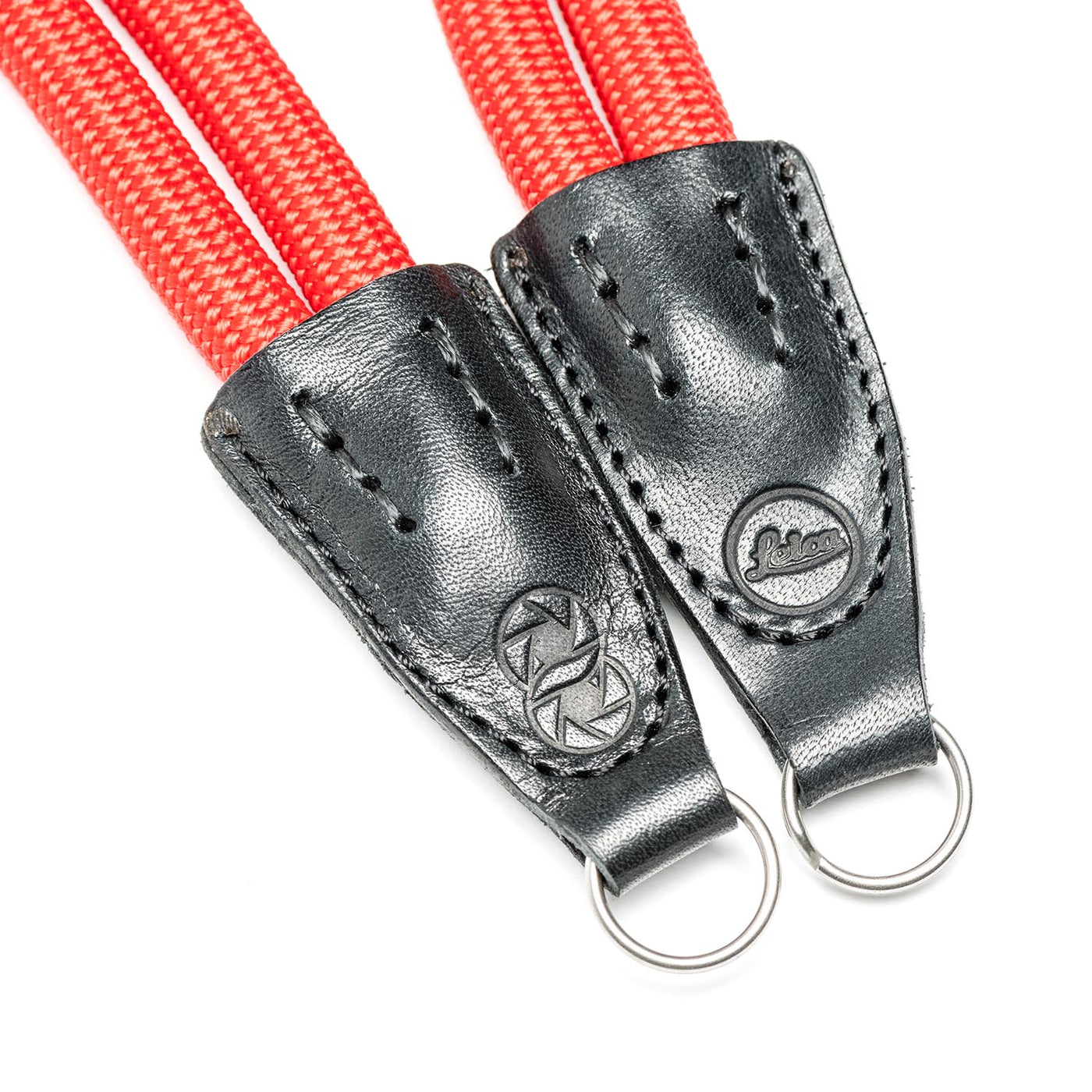 Leather ends of double rope strap with steel ring and Leica and COOPH embossing 