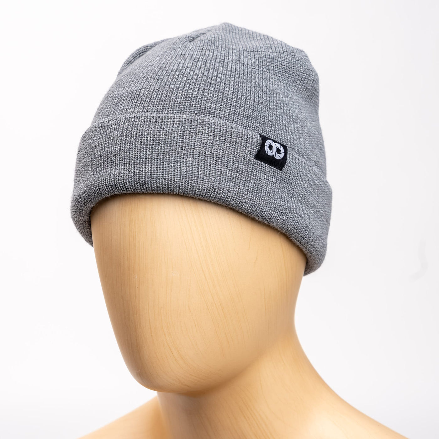 Gray edc beanie with cooph logo on a mannequin head against a white background 