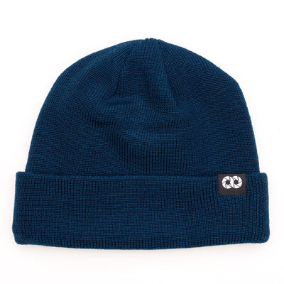 Blue edc  beanie with cooph logo tag on a white background 