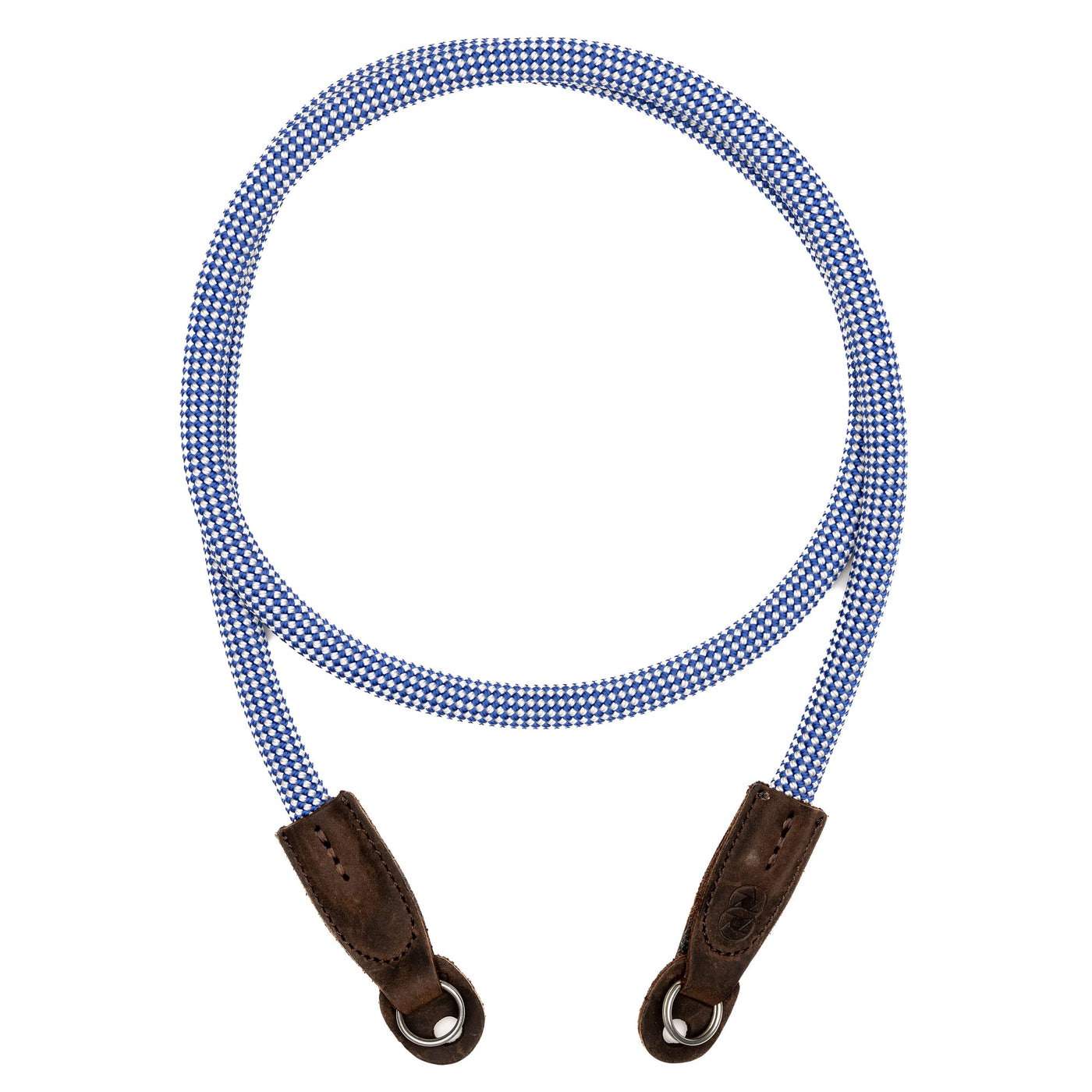 Blue and white checkered oktoberfest rope camera strap with brown leather steel ring ends on a white background 