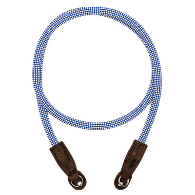 Blue and white checkered oktoberfest rope camera strap with brown leather steel ring ends on a white background ##bavariaring