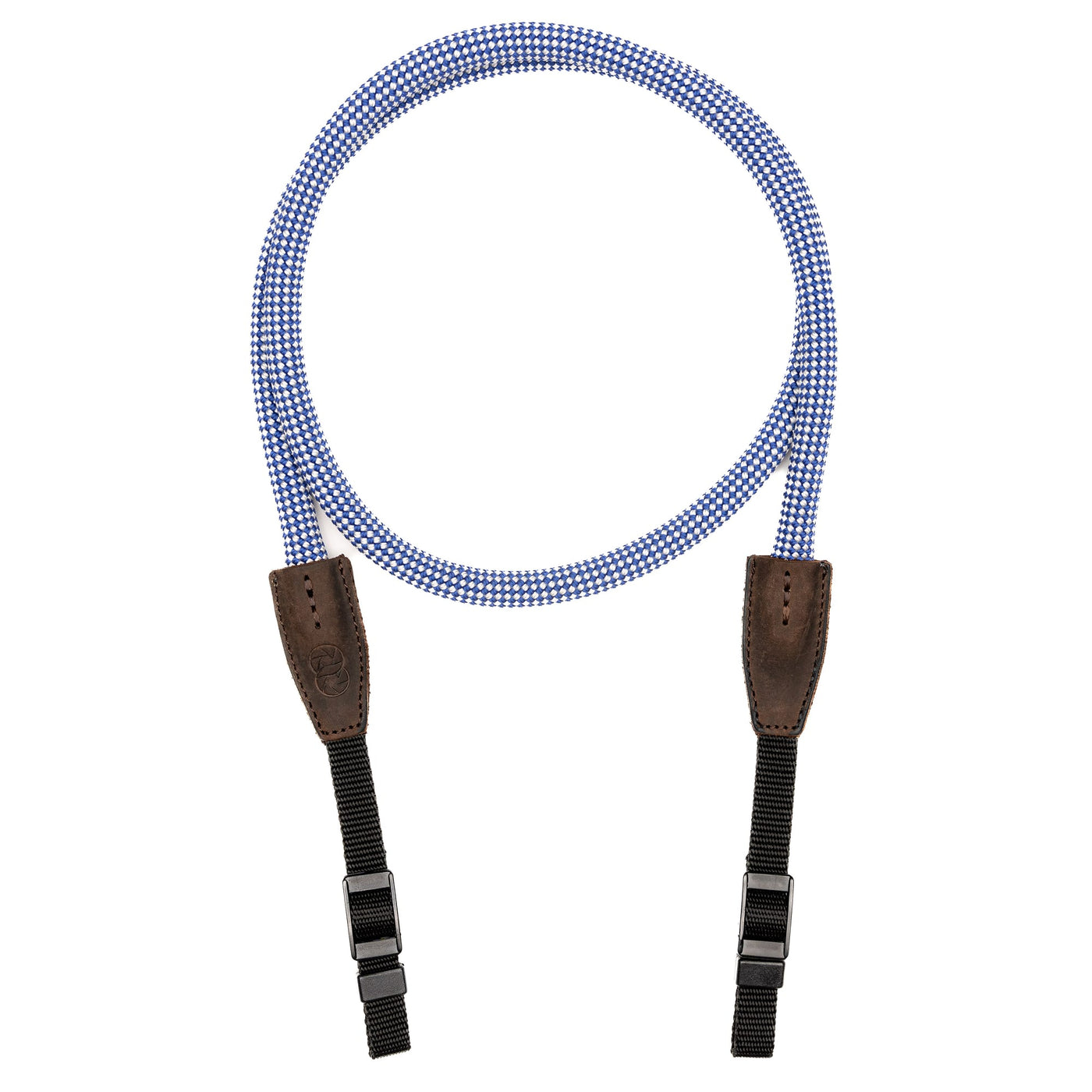 Blue and white checkered oktoberfest rope camera strap with brown leather webbing band ends on a white background 
