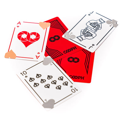 Cooph playing cards, illustration of ace of hearts, jack of clubs, ten of spades and back design in vibrant red and aperture icon 