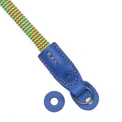 Blue Leather ends of a Beers and Camera rope strap with steel rings 