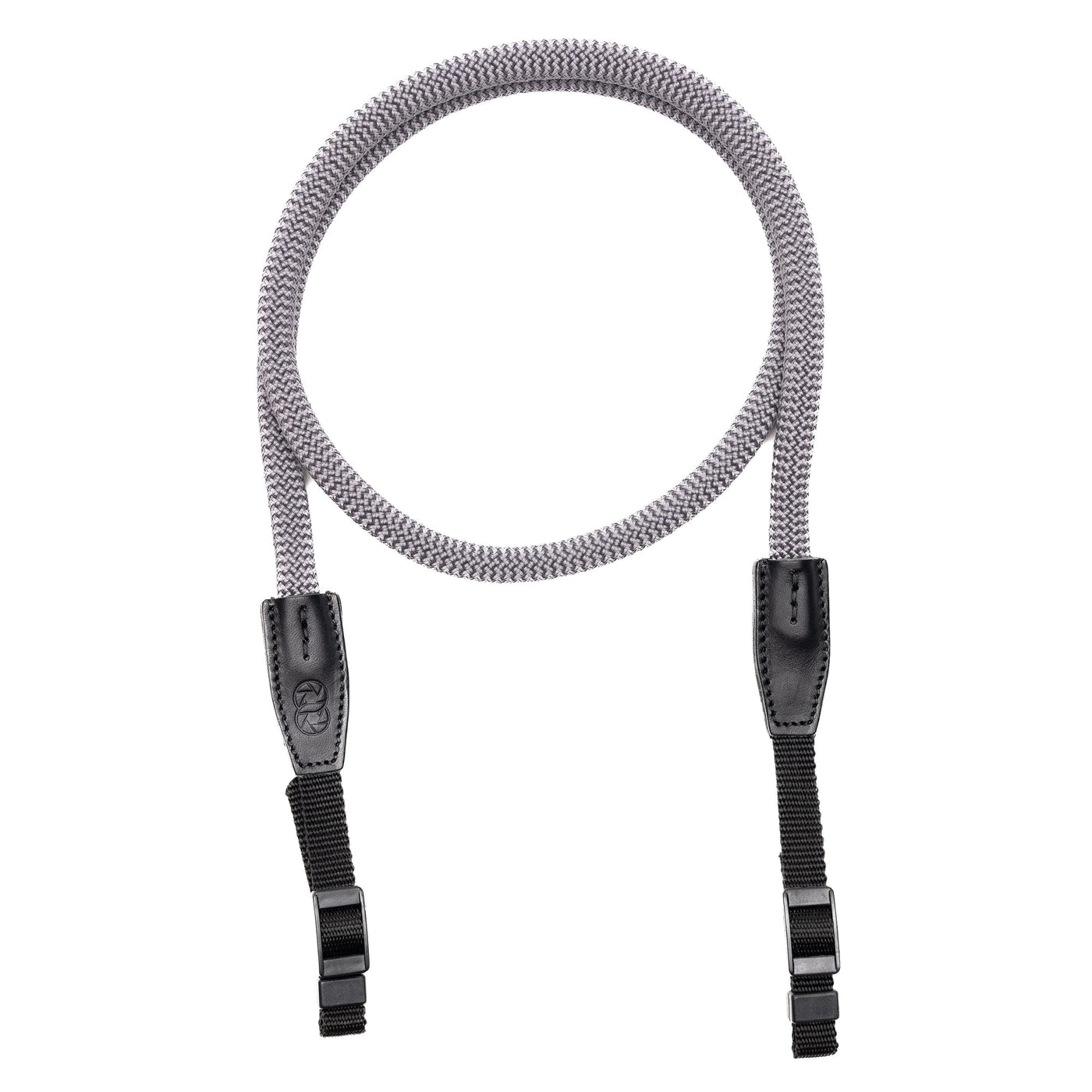 Gray Cooph Rope Camera Strap with leather endings and webbing bands on white background 
