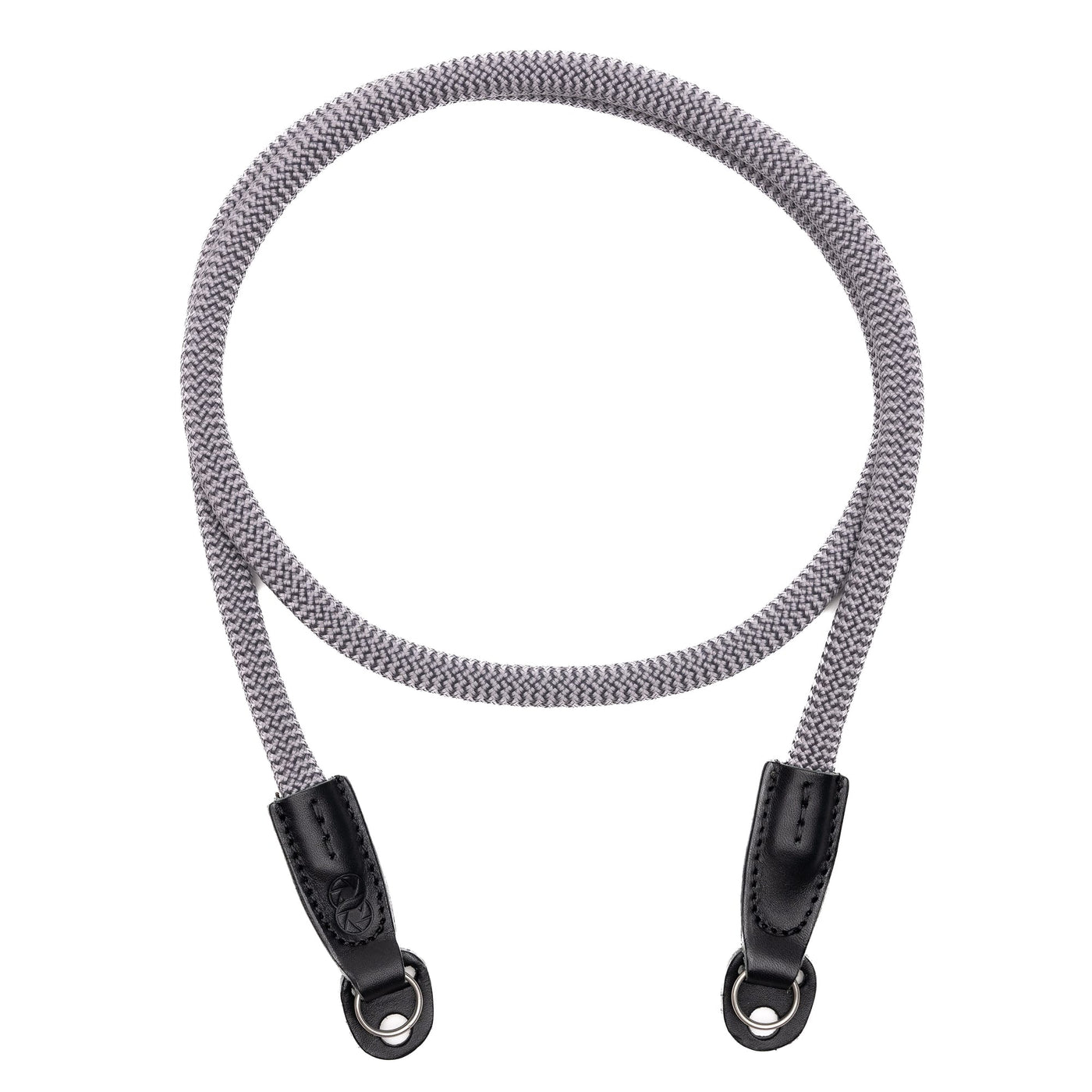 Gray Cooph Rope Camera Strap with leather endings and ring attachment on white background 