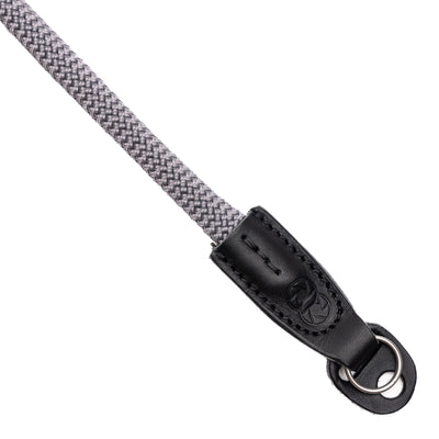 Closeup of the leather ending of the cooph rope camera strap 