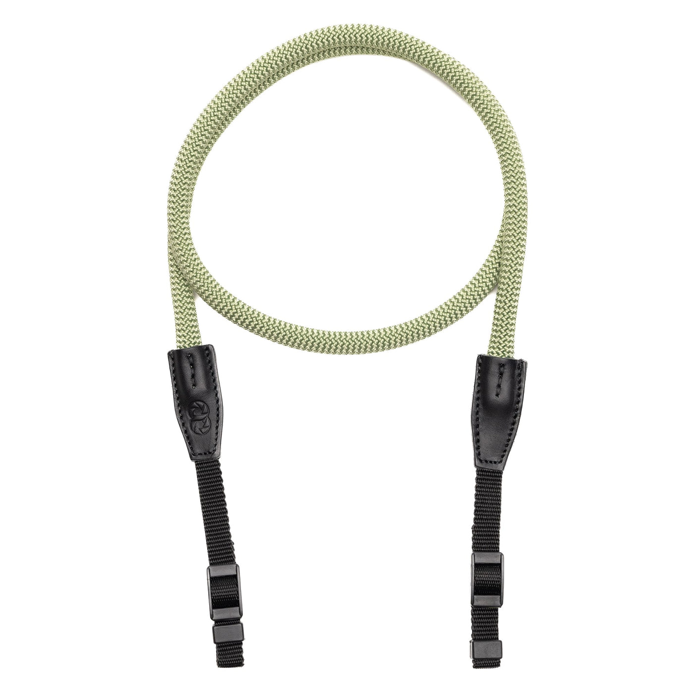 Green Cooph Rope Camera Strap with leather endings and webbing bands on white background  