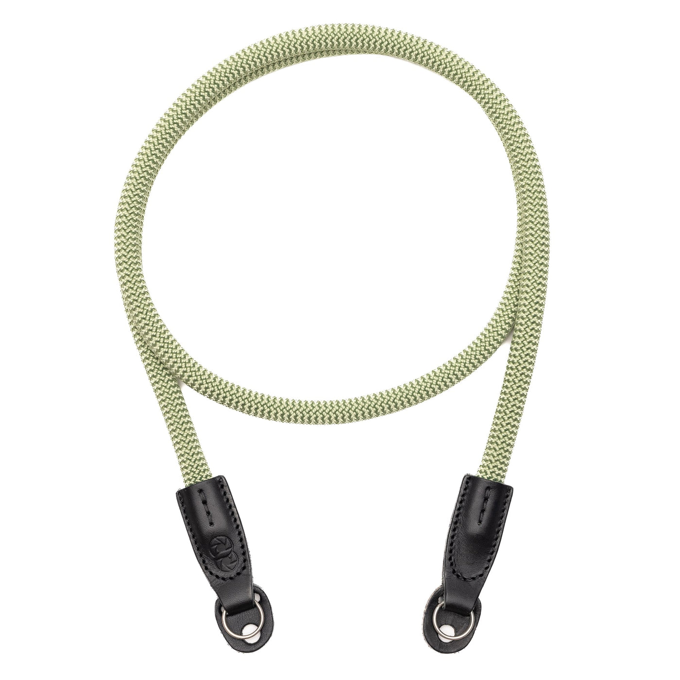 Green Cooph Rope Camera Strap with leather endings and ring attachment against white background 