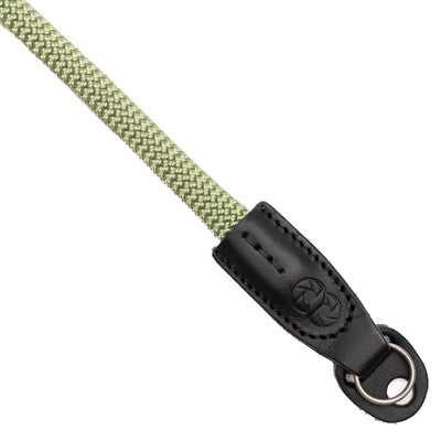 Closeup of the leather ending of the cooph rope camera strap 