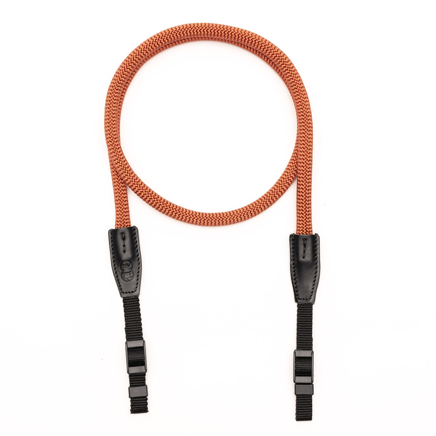 Orange Cooph Rope Camera Strap with leather endings and webbing bands on white background 
