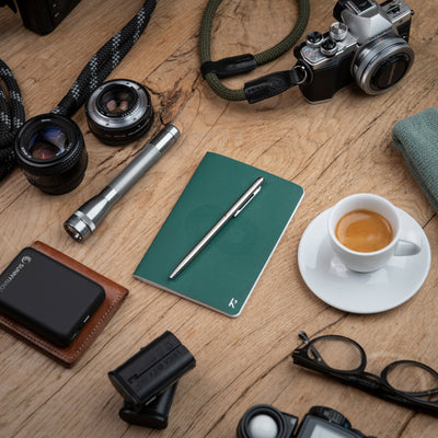 Notepad on a wooden table with a espresso, glasses, camera, powerbank and extra lens 