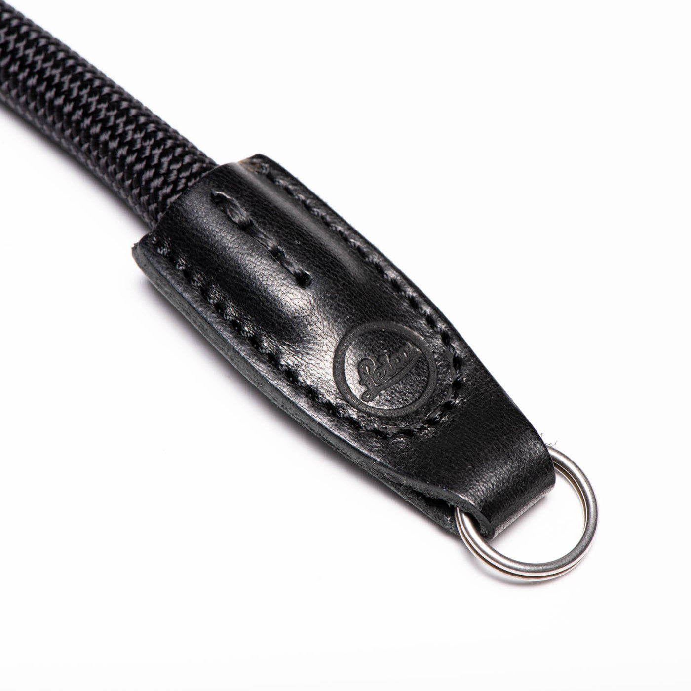 Leather end of rope strap with steel ring and Leica embossing 