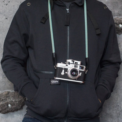 Photographer wearing camera around the neck with rope strap 